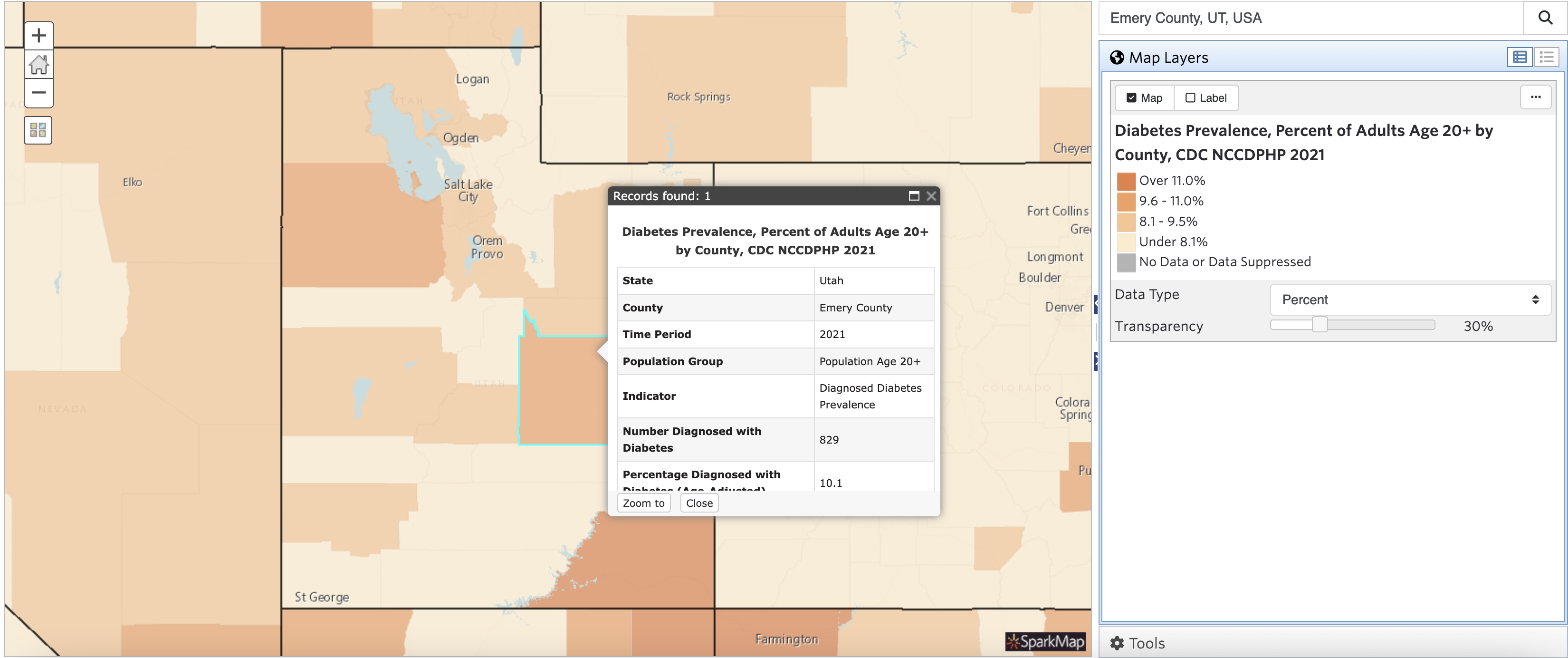 Map showing diabetes prevalence percentage in Emery County, Utah. 